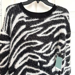 SUSINA: Zebra Print Eyelash Sweater Dress Pullover Style Black/Ivory ~ NWT
